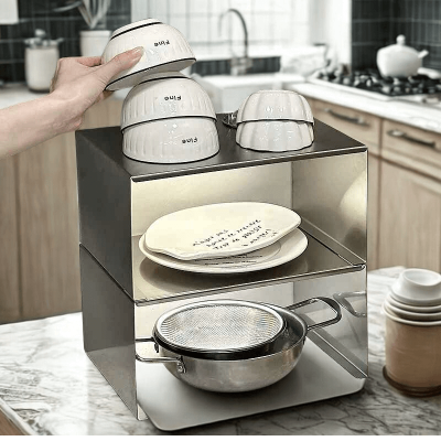 Rangement cuisine OrganizaSteel comptoir visuel.