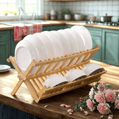 Égouttoir vaisselle bois assiettes fleurs