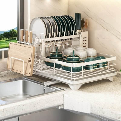 Egouttoir vaisselle deux niveaux blanc avec accessoires 