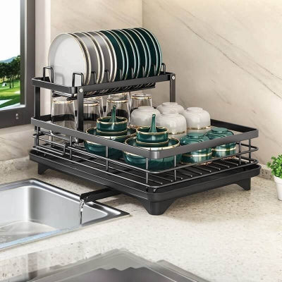 Egouttoir Vaisselle Deux niveaux noir sur lavabo 