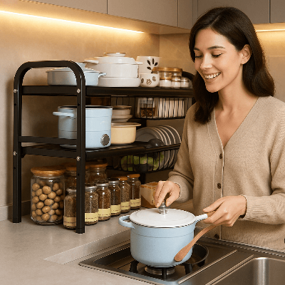 Ă©tagĂšre cuisine retractspace avec une femme