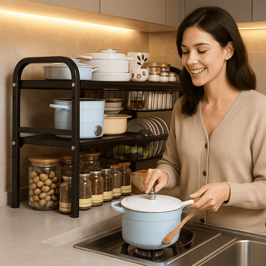 étagère cuisine retractspace femme heureuse